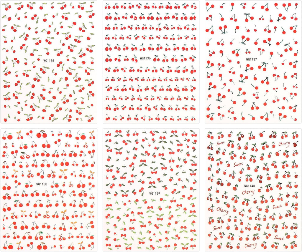 JMEOWIO Nagelsticker Kirschfrucht 6 Blatt Nail Art Sticker Selbstklebend Nagelaufkleber Dekoration Nageldesign Zubehör