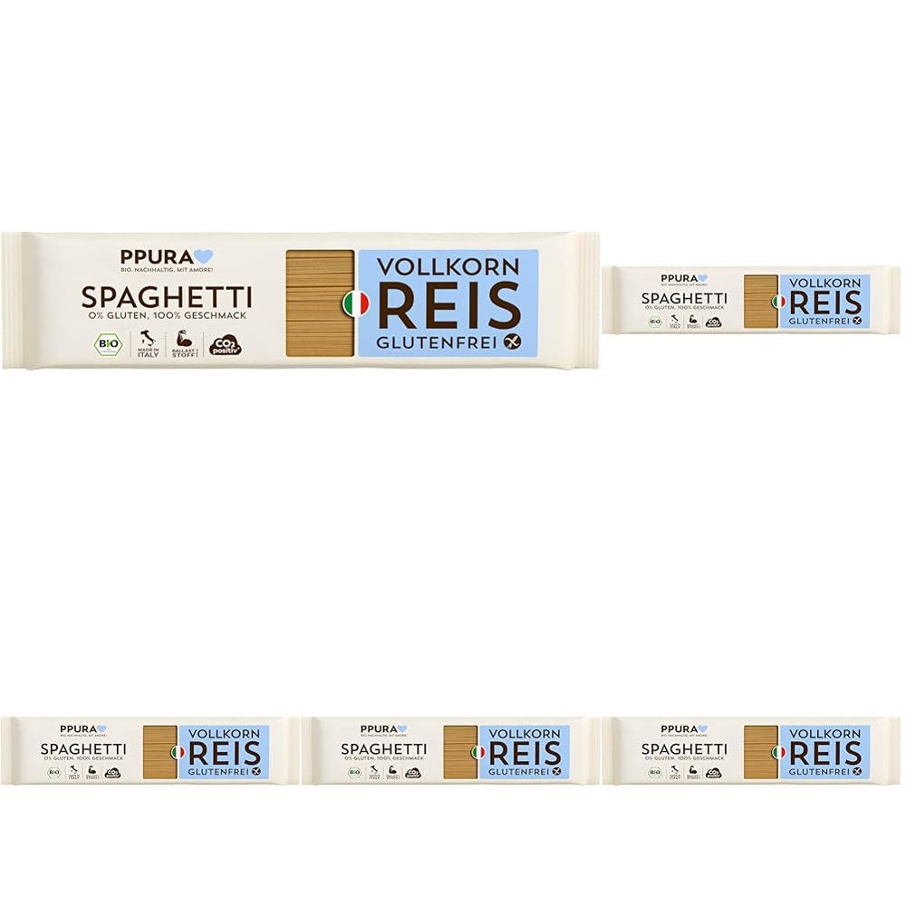 PPURA Spaghete cu orez integral organic fără gluten 400g – Paste naturale italiene cu orez integral organic – Fără gluten, fără zahăr sau aditivi, preparate tradițional