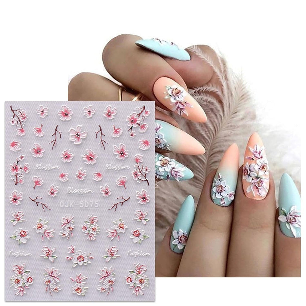 JMEOWIO 6 Blatt 3D Nagelsticker Frühlings Blume Nail Art Sticker Selbstklebend Nagelaufkleber 5D Stereoskopisch Bunte Sommer Blumen Dekoration Nageldesign Zubehör
