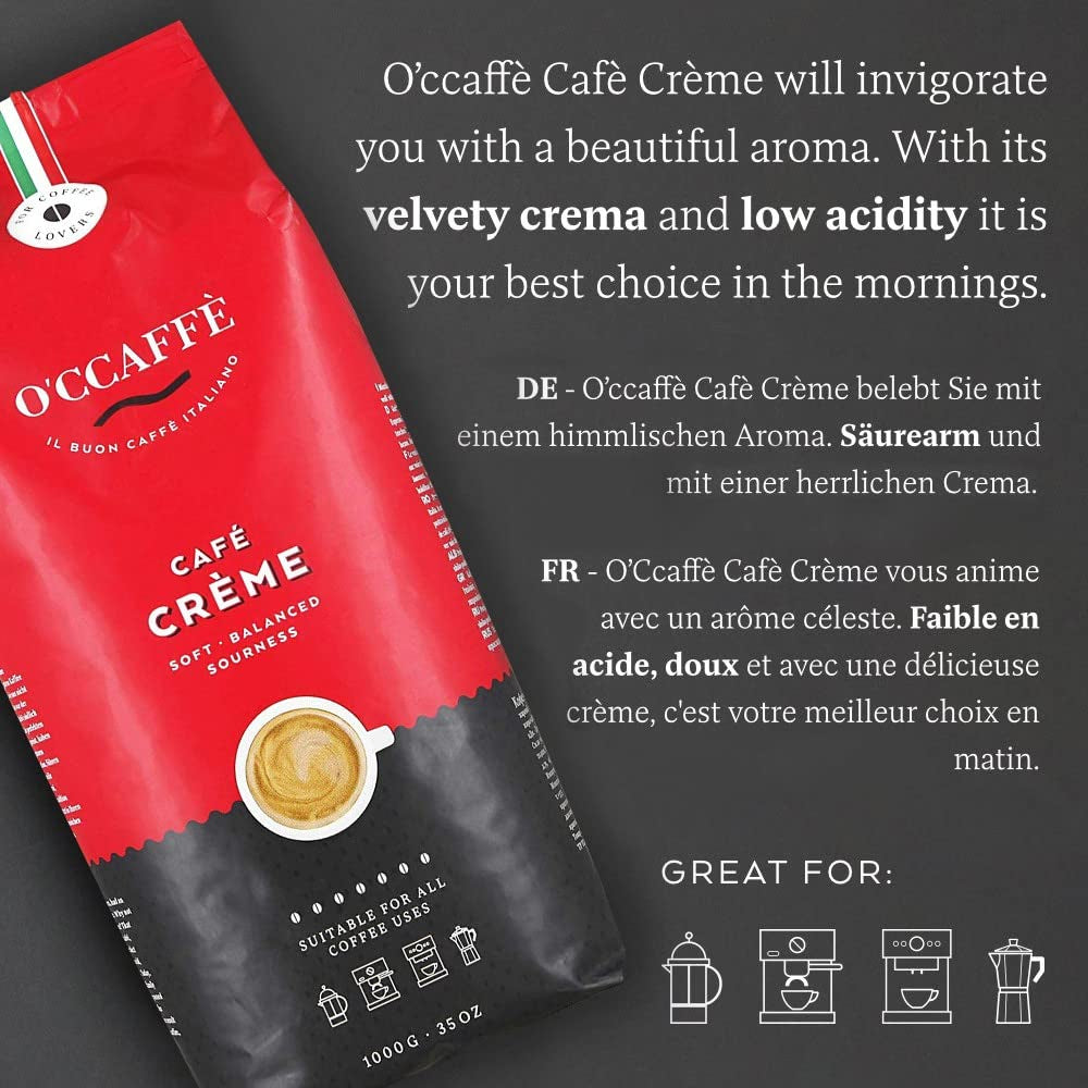 O'CCAFFÈ - Café Crème, ganze Kaffeebohnen, aromatische Kaffeecreme, geringer Säuregehalt, sehr langsame Trommelröstung vom italienischen Familienunternehmen Cafea Naty Shop