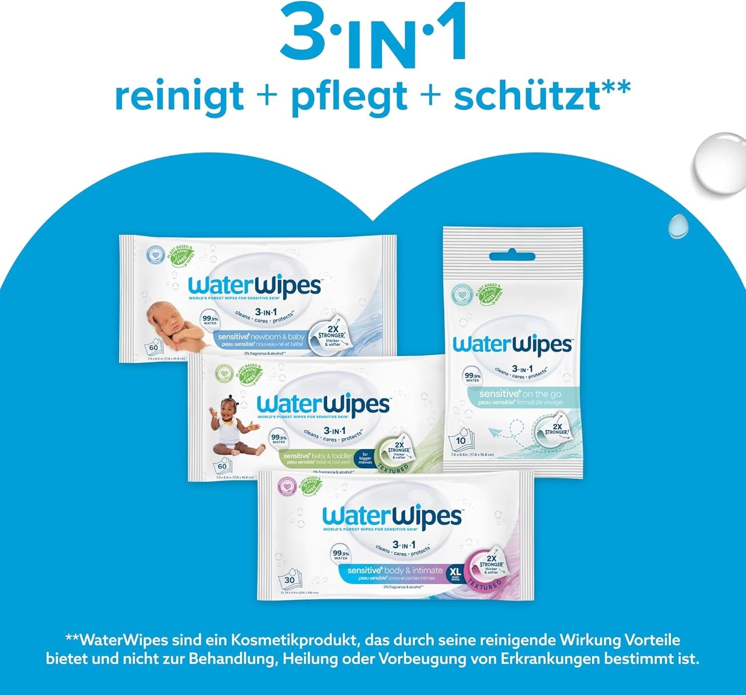 Șervețele umede WaterWipes Sensitive+ pentru nou-născuți și bebeluși, 720 bucăți (12 pachete), curățare, îngrijire, protecție 3 în 1, 99,9% apă, fără parfum
