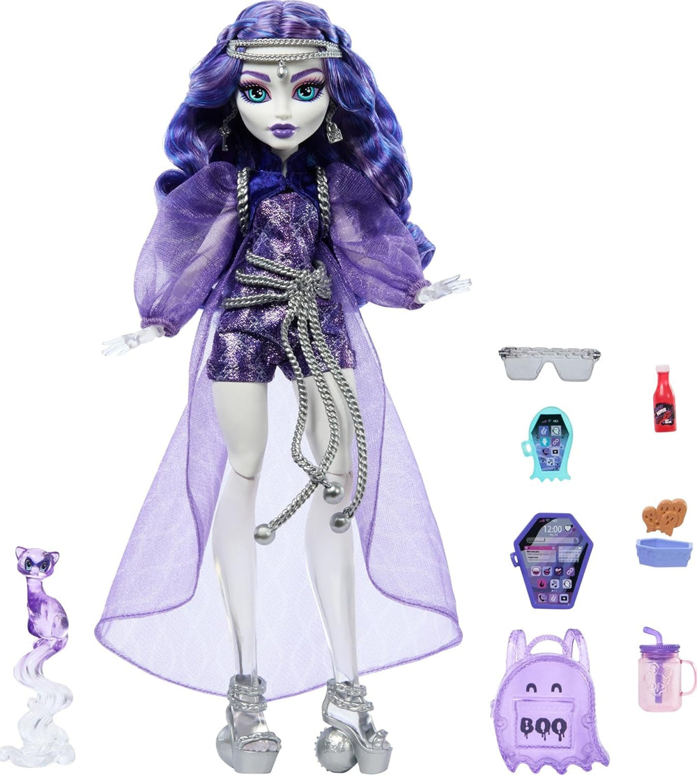 Monster High Spectra Vondergeist-Puppe mit Rhuen-Frettchen und Zubehör wie Rucksack, Tablet, Snacks und mehr, HXH77 Naty Shop Dolls Standardtitel