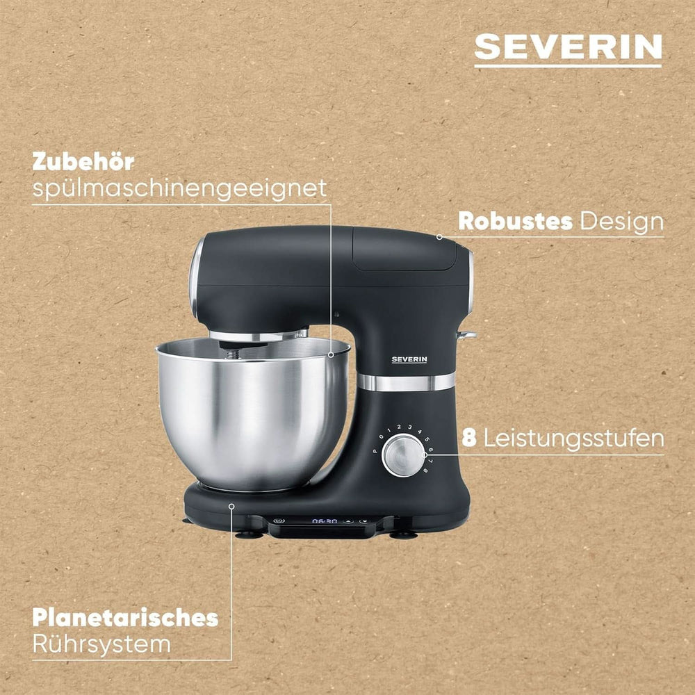 SEVERIN Küchenmaschine Mit Waage, Große Knetmaschine Für Bis Zu 3 Kg Kuchenteig, Robuste Teigmaschine Mit Knethaken, Flachrührer Und Schneebesen, 1.000 W, Schwarz, Matt, Edelstahl, KM 3898 Mutter und Kind Naty Shop