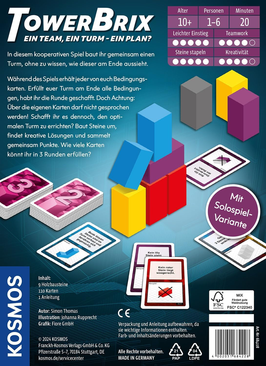 KOSMOS 684228 TowerBrix: Ein Team, EIN Turm – EIN Plan? Kooperatives Geschicklichkeitsspiel, gemeinsam bauen ohne Plan, Brettspiel für 1-6 Spieler ab 10 Jahren