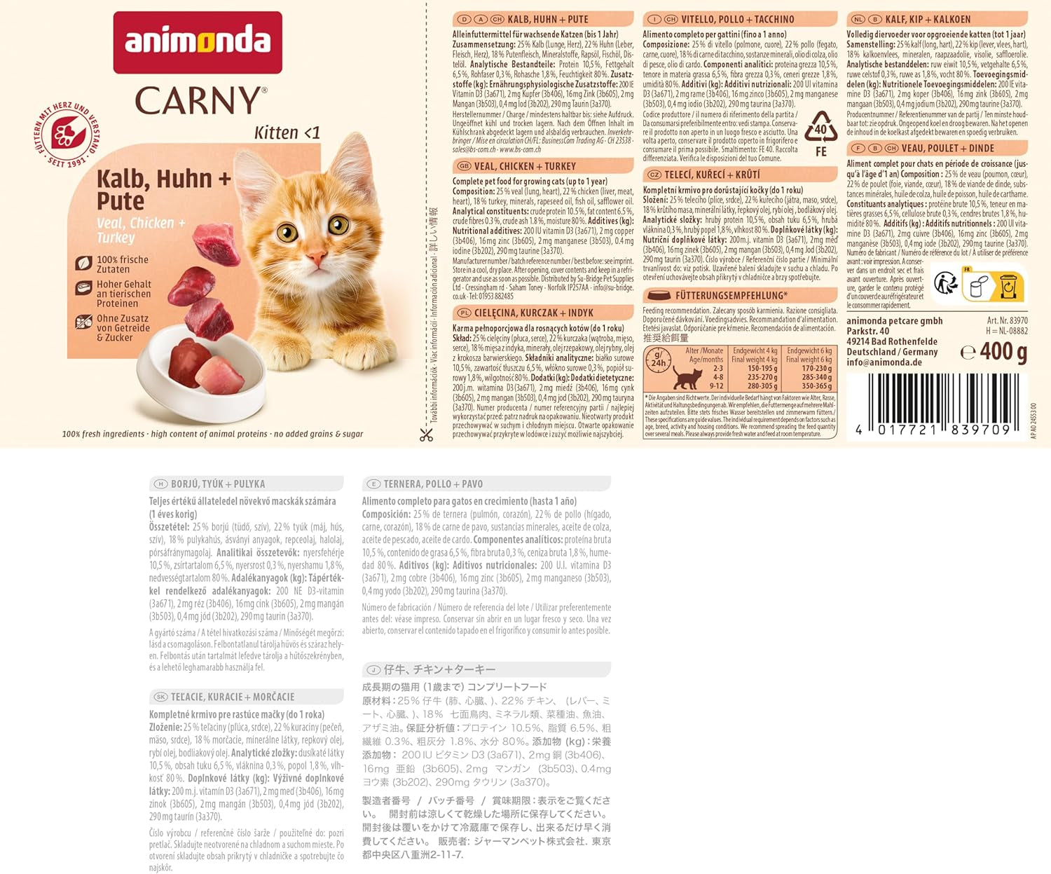 animonda Carny Katzen Nassfutter Kitten Huhn + Pute (12 x 400g), Kitten getreidefreies Katzennassfutter ohne Zucker für wachsende Kätzchen bis 1 Jahr, mit frischen Zutaten
