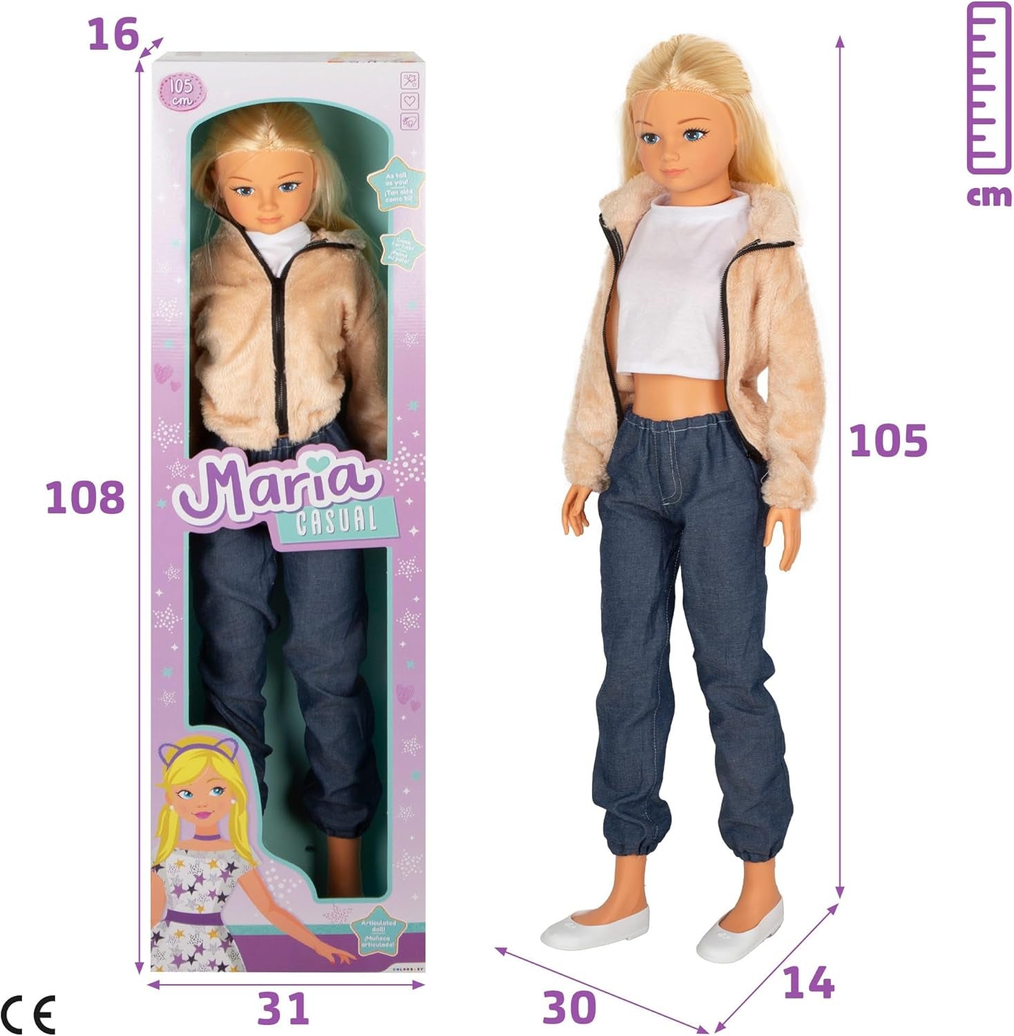 Păpușă Maria Casual mare cu fustă, 105 cm, accesorii incluse, păpuși pentru coafat, joc de rol, jucărie pentru copii, fete + 3 ani (39653)