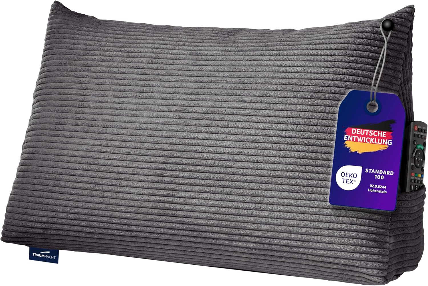 Pernă de citit Traumnacht Cozy Back Cushion, 70 x 40 cm gri închis, husă detașabilă și lavabilă din 100% poliester, buzunar lateral practic, certificată Oeko-Tex, produsă conform standardelor germane de calitate