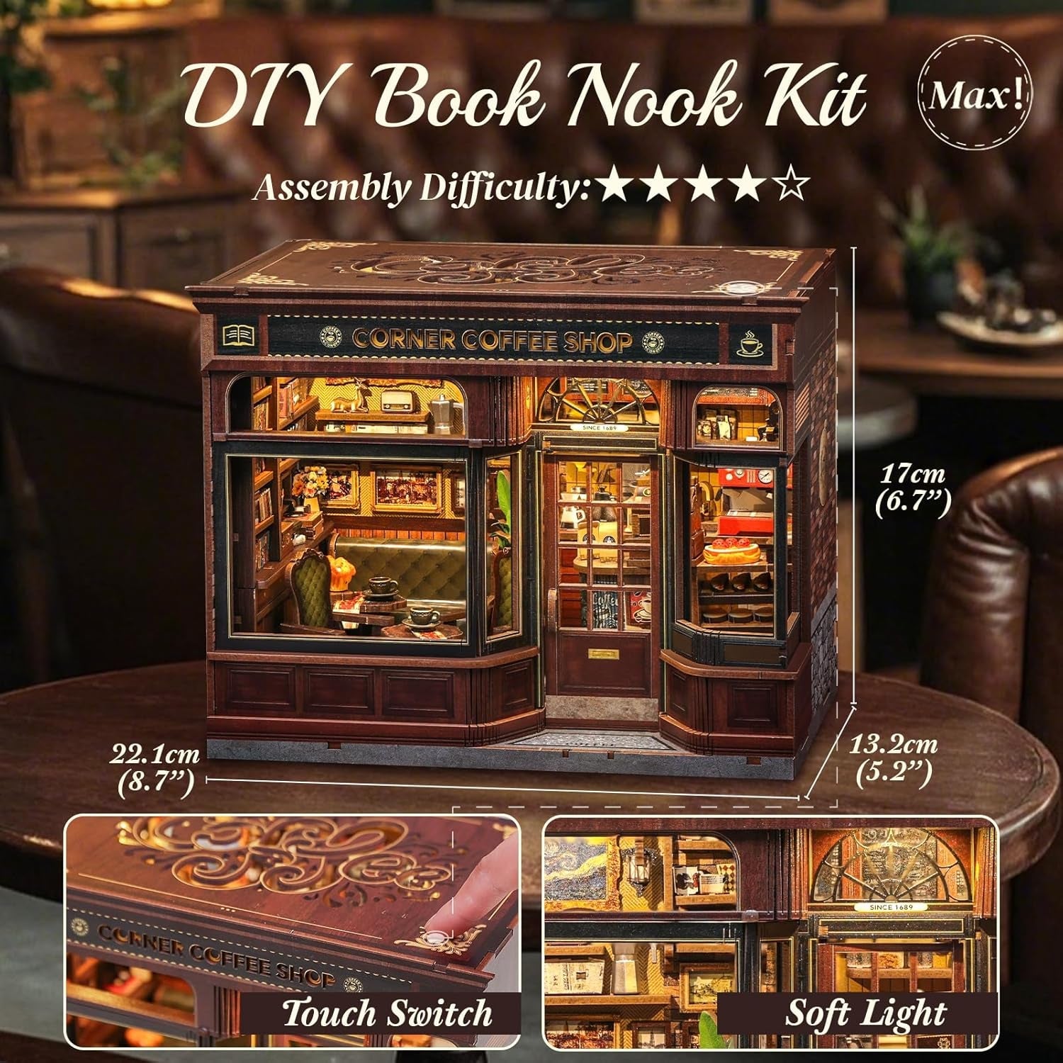 Kit Colț de Cărți CUTEBEE – Căsuțe de Păpuși DIY, Kit de Construit Căsuțe Miniatură pentru Adulți cu Lumină LED, Puzzle 3D din Lemn și Suport de Cărți – Decorațiune Raft de Cărți și Cadou (Cafeneaua din Colț)
