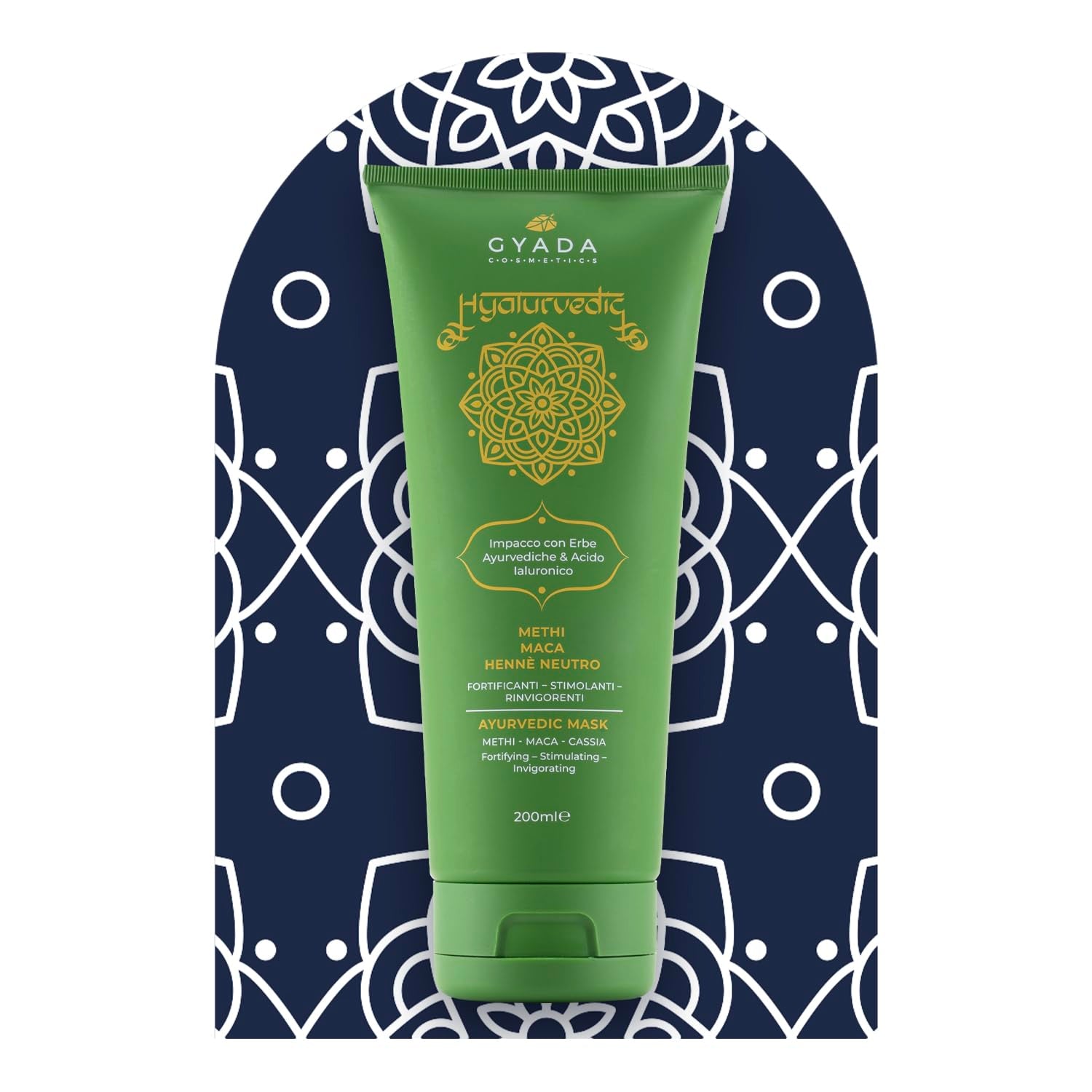 GYADA COSMETICS, compresă ayurvedică de întărire Hyalurvedic, tratament profesional pentru păr fin și slab, combate încrețirea cu methi, maca, henna neutră, 200 ml Masca de par Naty Shop