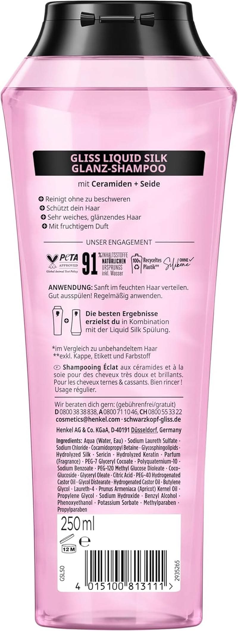 Gliss Shampoo Liquid Silk (250 ml), für brüchiges und stumpfes Haar. Dusche und Bad Naty Shop