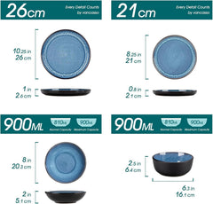 Set de veselă pentru 6 persoane, set de veselă din gresie Vancasso PLAYA, 24 de piese pentru 6 persoane, albastru, inclusiv farfurii, farfurii de sumă, boluri și farfurii de salată, potrivit pentru mașina de spălat vase și cuptorul cu microunde