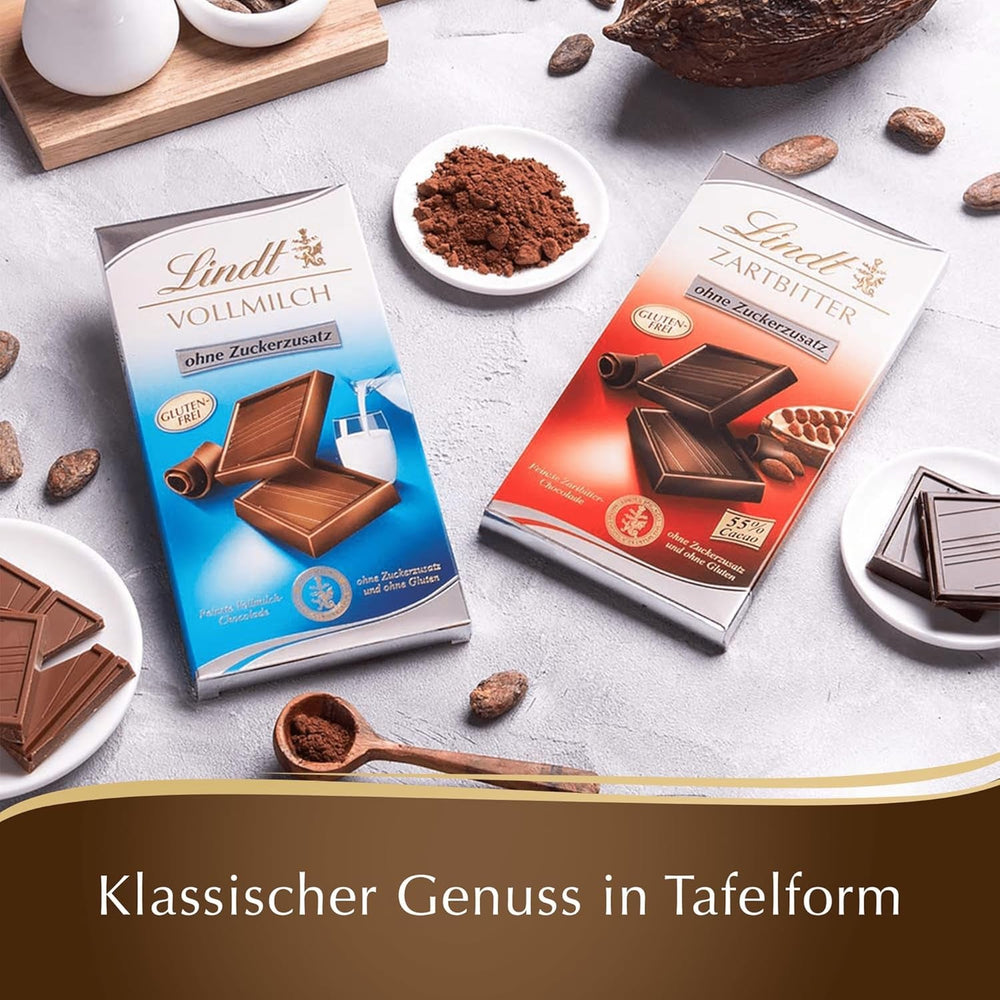 Lindt Chocolate | Baton de ciocolată neagră fără zahăr adăugat | 100g | Cea mai fină ciocolată neagră cu 55% cacao, fără zahăr adăugat și fără gluten | Baton de ciocolată fără gluten