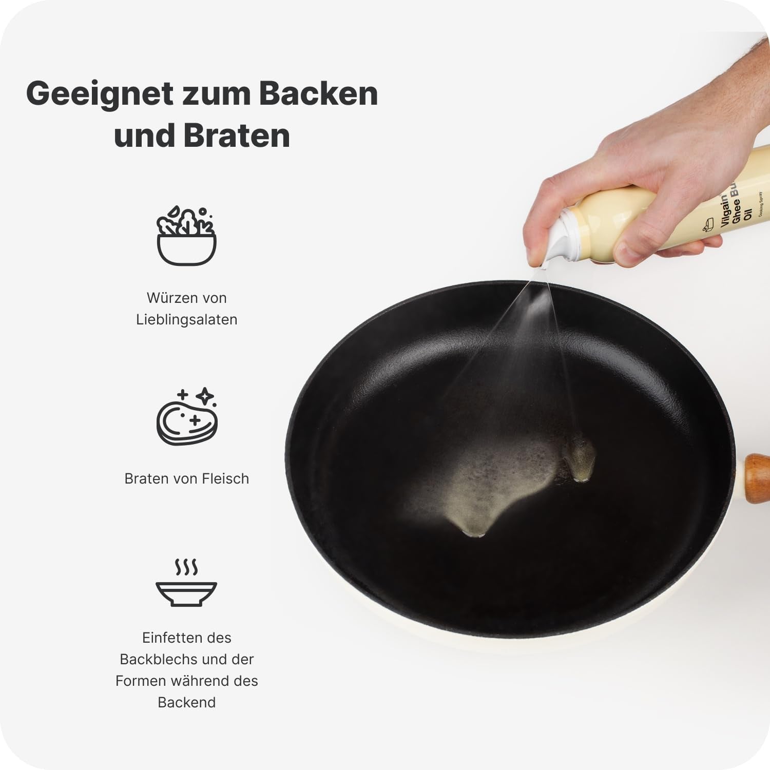 Vilgain Ghee Spray mit Avocadoöl | Laktosefrei, zum Kochen & Backen | Rauchpunkt 195°C, herzgesund, BRC-zertifiziert | Ideal für laktoseempfindliche Menschen Geschmacks-Harmonie, 200ml