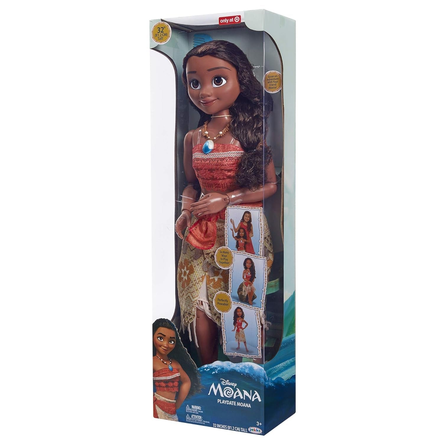 Disney Princess Vaiana, păpușă de joacă înaltă de 80 cm de la Jakks Pacific, păpușă mobilă, cu perie pentru a-și pieptăna buclele ondulate, rochie inspirată de film, colier detașabil cu pandantiv Papusi Naty Shop