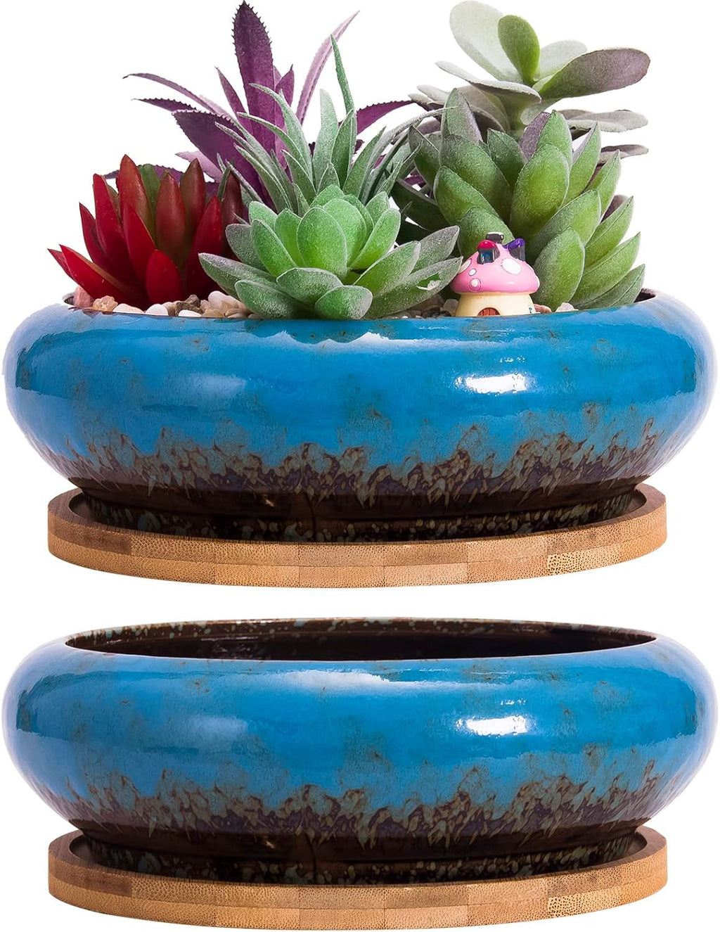 Ghivece mari pentru plante suculente cu farfurioare din bambus, jardiniere ceramice pentru cactus de 18,5 cm, ghivece rotunde pentru flori, recipiente pentru bonsai pentru grădină, birou, decorare birou