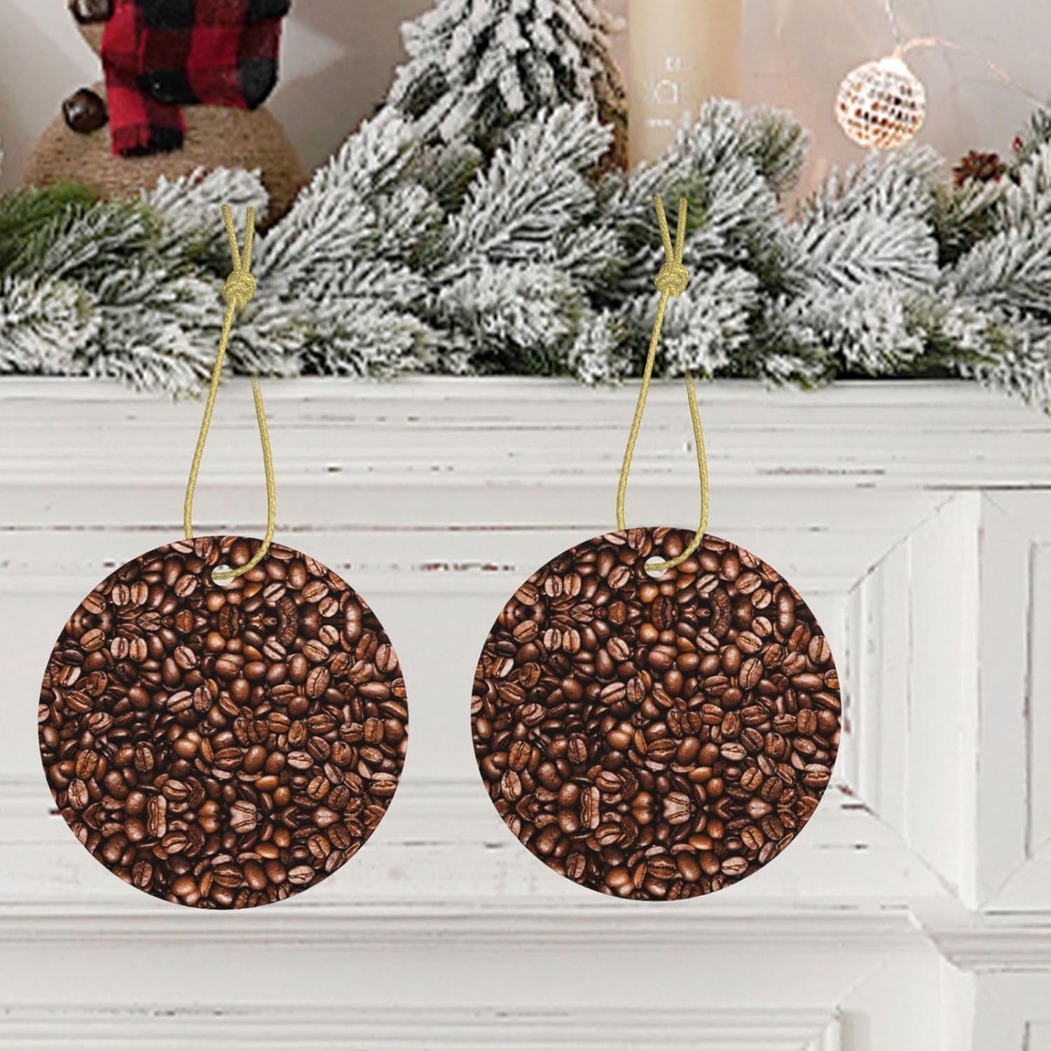 Boabe de cafea prăjite amuzante, față-verso, imprimate, ceramice, rotunde, cu șnur auriu pentru agățat, decor festiv pentru casă, birou