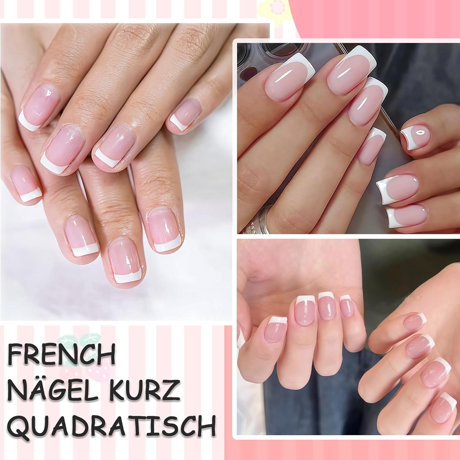 Unghii franceze roz deschis, autoadezive - 32 bucăți de unghii franceze pentru lipit - Unghii artificiale pătrate, scurte - Unghii artificiale respirabile pentru lipit - Unghii artificiale cu acoperire completă pentru femei (roz deschis)