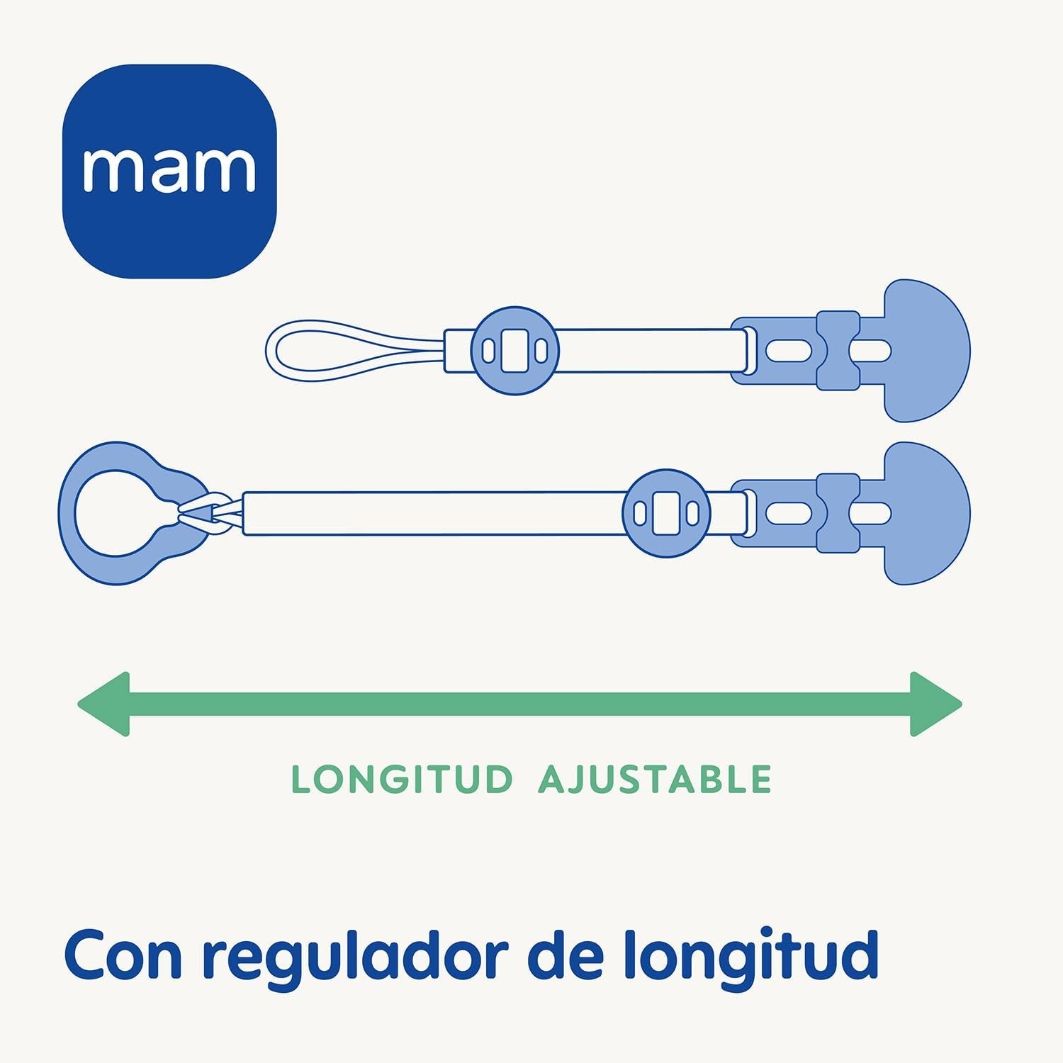 Suzetă MAM, adaptabilă la toate tipurile de suzete, inele de dentiție și jucării, lungime reglabilă, inclusiv husă pentru tetină, lavabilă, albastră, 1 bucată