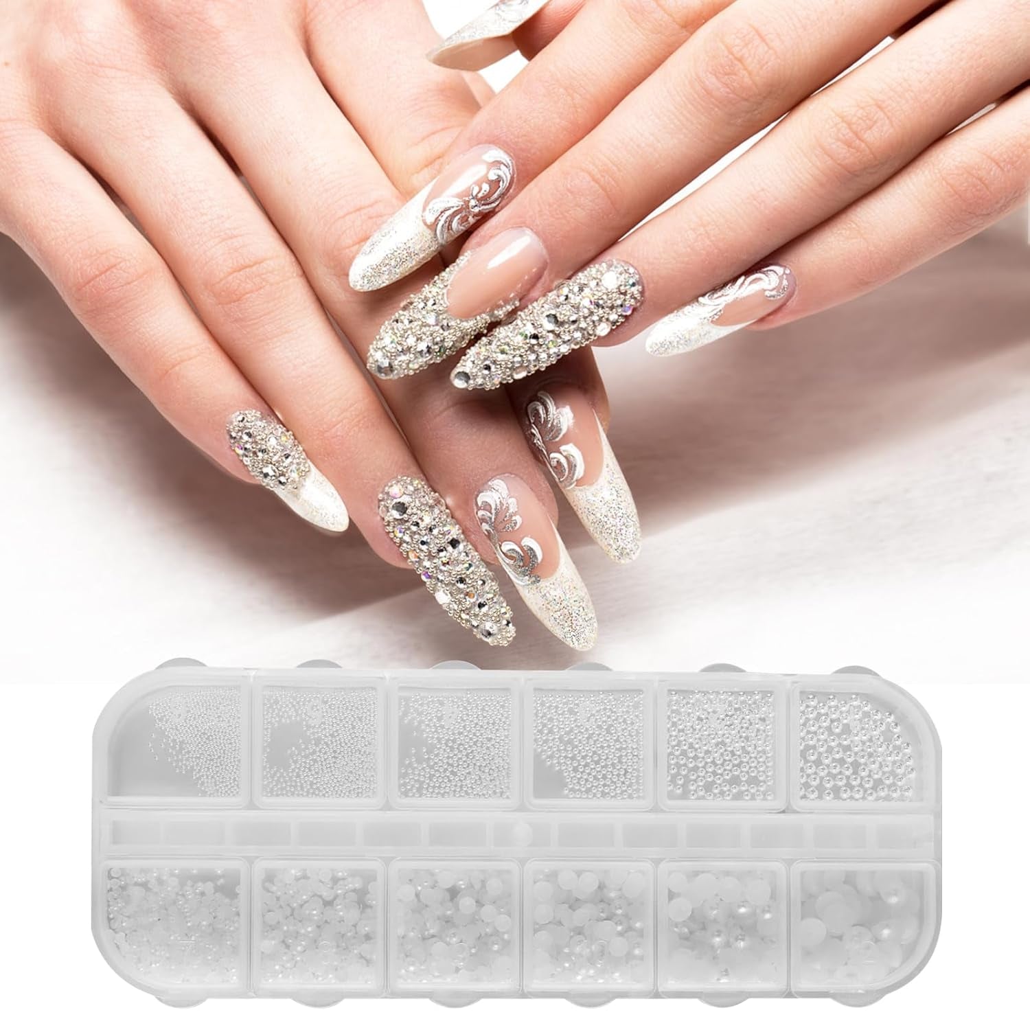 Nail Art Strasssteine 1 Schachtel, Nail Charms, 12 Typen Weiße Perlen Für Nägel, Flatback Rhinestones, Klein Edelstahl-Perlen, Nagel Deko, Nagel Zubehör