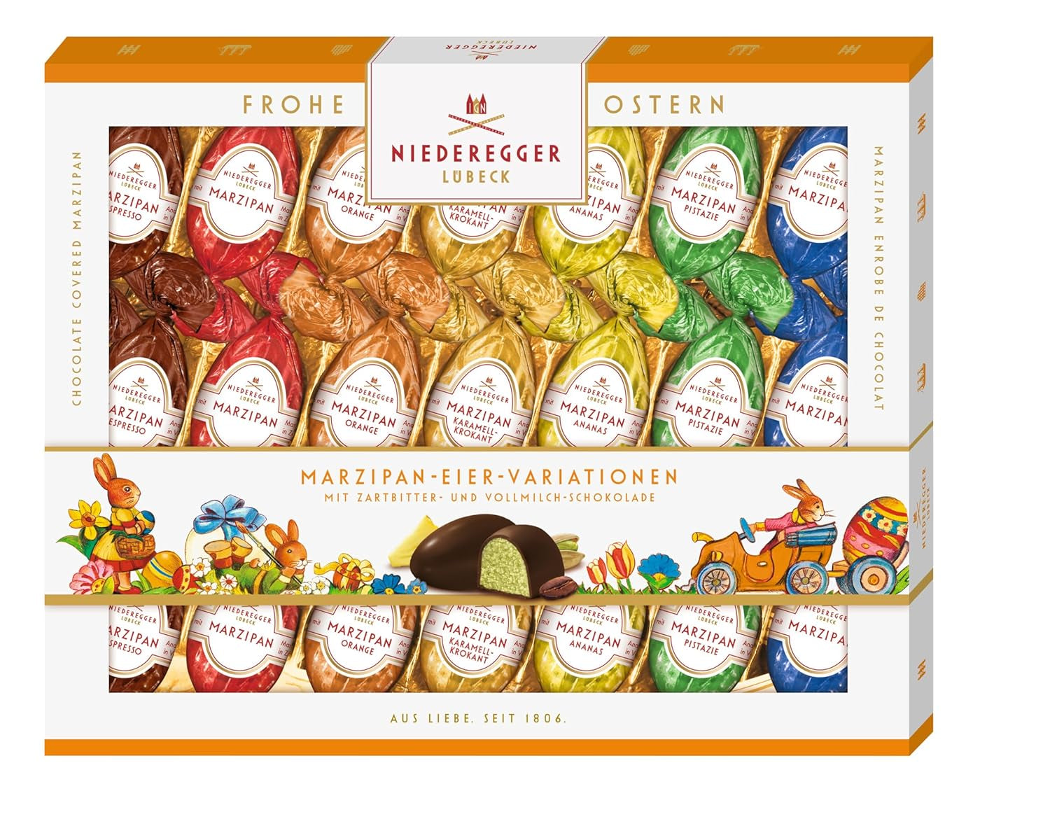 Niederegger | Ouă de marțipan | 1 x 262g | Variante: Clasic, Ciocolată cu lapte, Portocală, Caramel Crunch, Ananas, Espresso și Fistic | Acoperite cu ciocolată neagră și cu lapte | Cadou de Paște