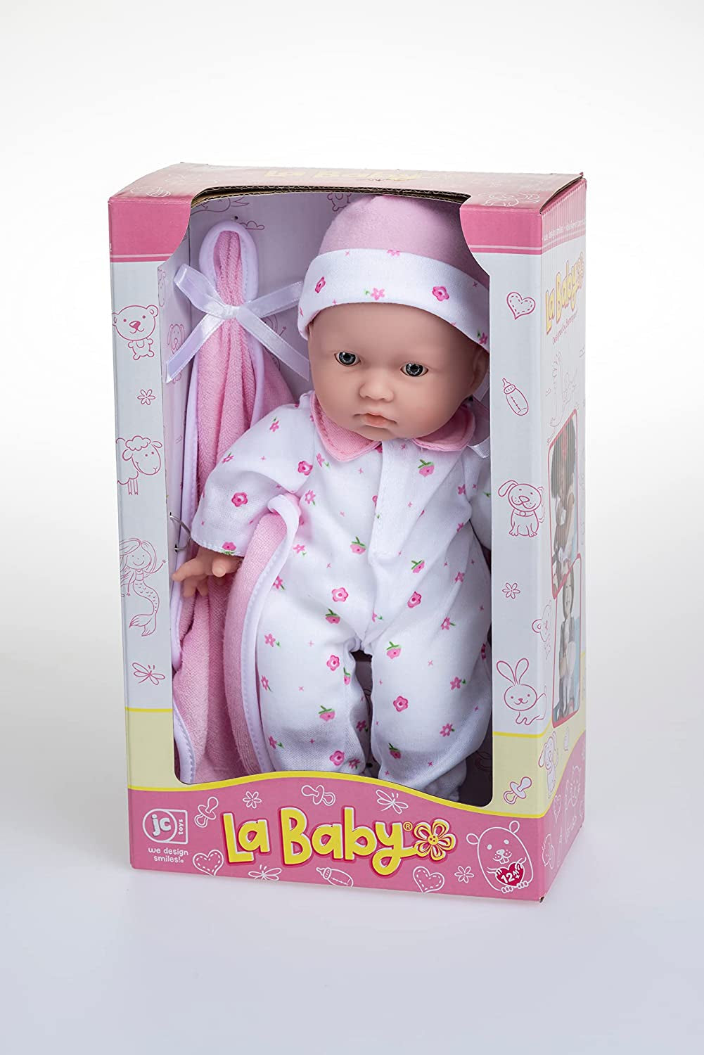 JC Toys La Baby Kaukasisches Babypuppen-Set - Weiche 28 cm Babypuppe, Waschbar, Abnehmbares rosa Outfit mit Hut, Decke & Schnuller, Für Kinder ab 12 Monaten
