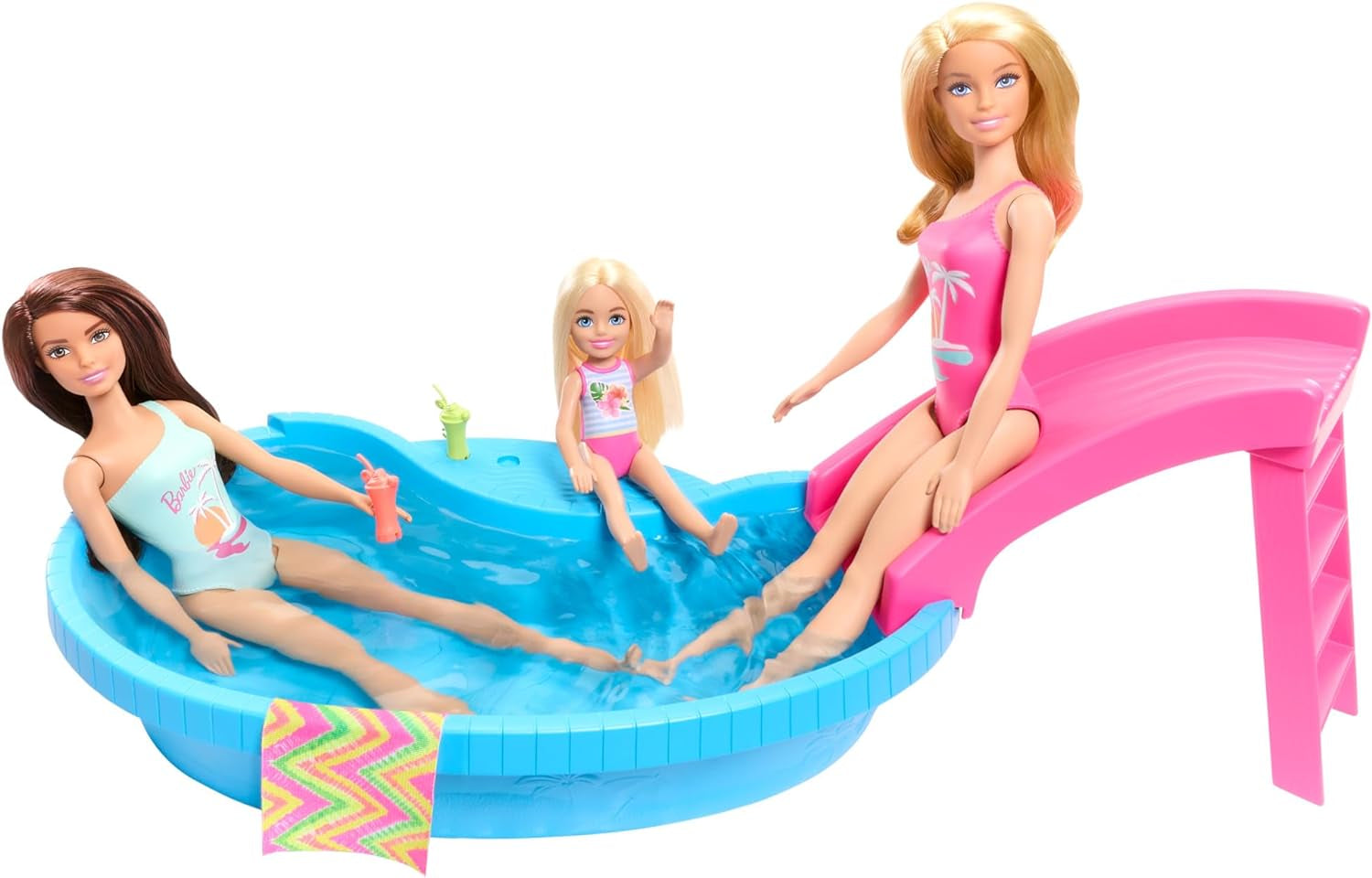 Păpușă Barbie și accesorii - piscină cu tobogan și accesorii pentru ore întregi de distracție la soare, costum de baie roz cu design tropical, pentru copii cu vârsta de 3 ani și peste, HRJ74