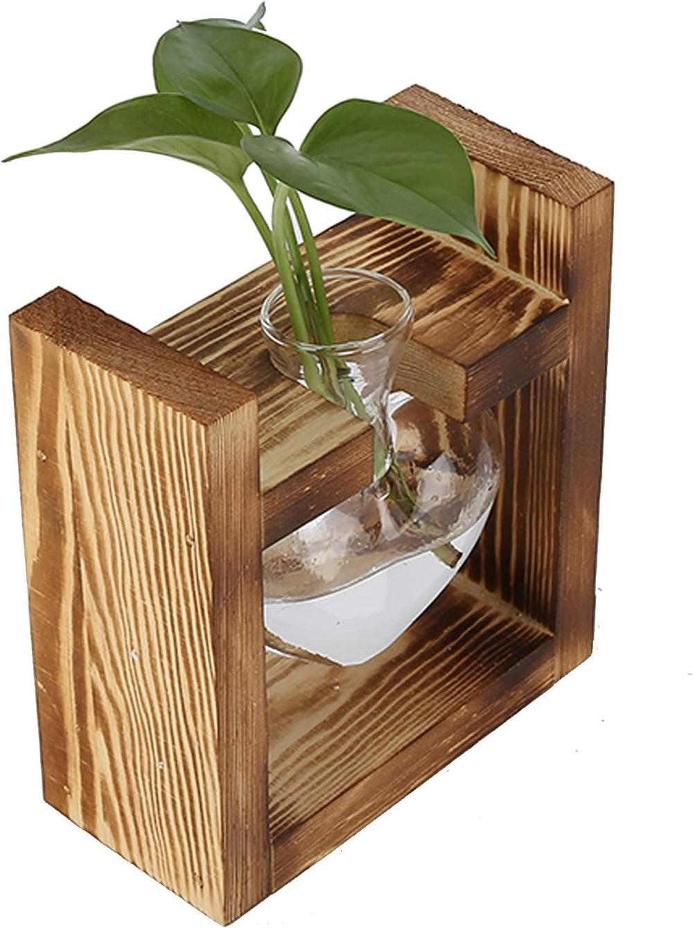Terariu cu plante cu suport din lemn, vază de masă în formă de inimă, plante hidroponice din sticlă transparentă pentru decorarea grădinii de acasă, decorațiune hidroponică cu flori pentru birou, living, bucătărie (A)