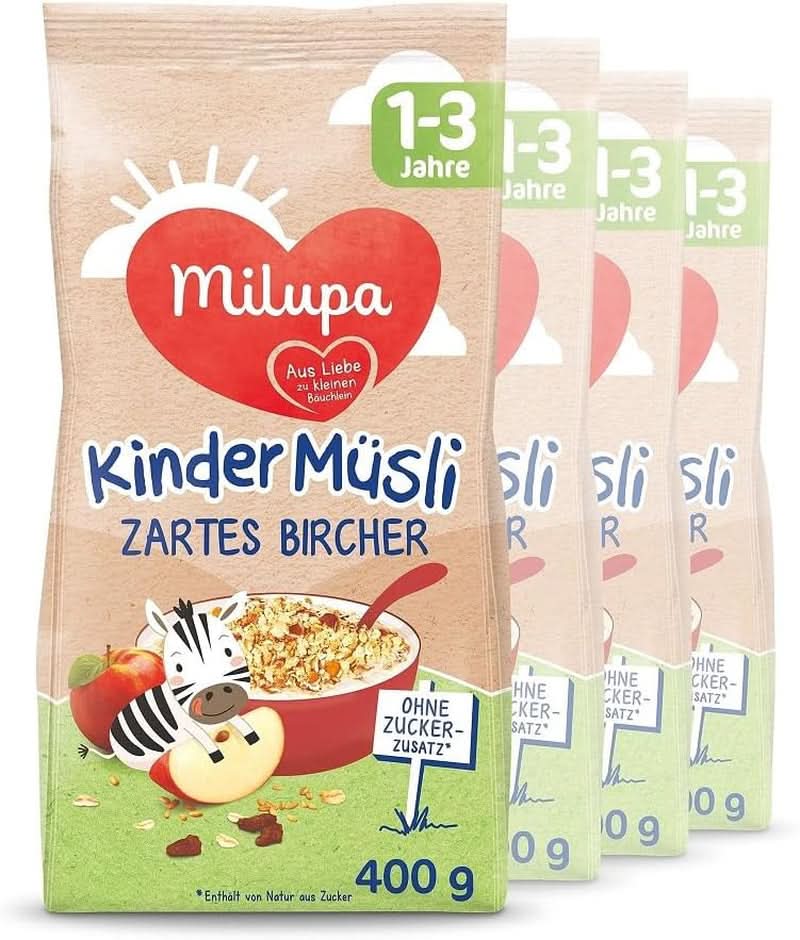 Milupa Kindermüsli feine Früchte - Müsli-Frühstücksflocken von 1 bis 3 Jahren, ohne Zuckerzusatz, 4 x 400g Mutter und Kind Naty Shop Zartes Aroma von Birke 4 x 400 Gramm