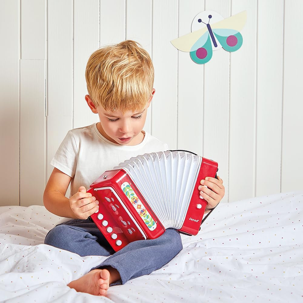 Janod - Acordeon Gioia - Instrument muzical pentru copii - Joc de rol și educație muzicală timpurie - Cu curea - De la 3 ani, J07654 Jucarii Bebe Naty Shop