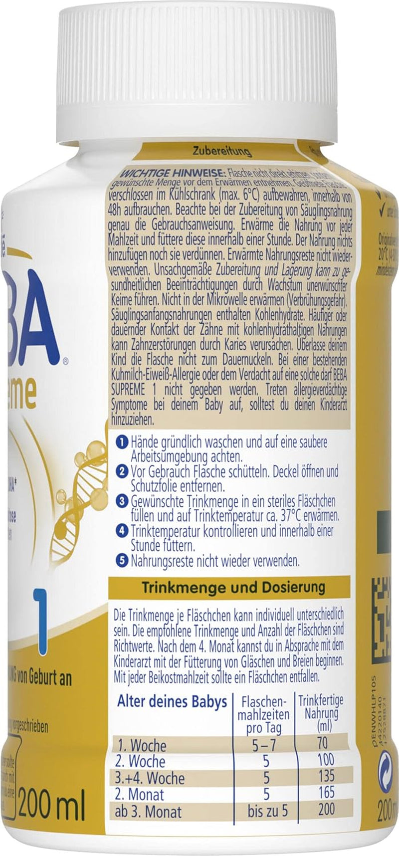 BEBA Nestlé BEBA SUPREME 1 Lapte pentru sugari: biberoane gata de băut, cu Omega 3, pachet de 4 (1 x 200 ml)