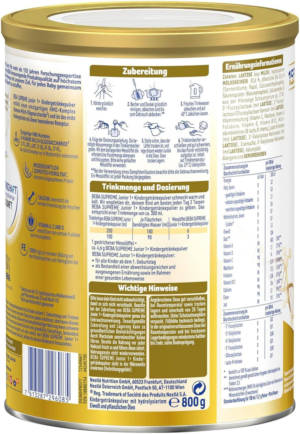 Kindergetränk BEBA SUPREME Junior 1+ ab 1 Jahr, Nahrung für Kinder mit 6 HMO-Komplex, nur Laktose, ohne Palmöl, Packung 6 (6 x 800 g) Mutter und Kind Naty Shop