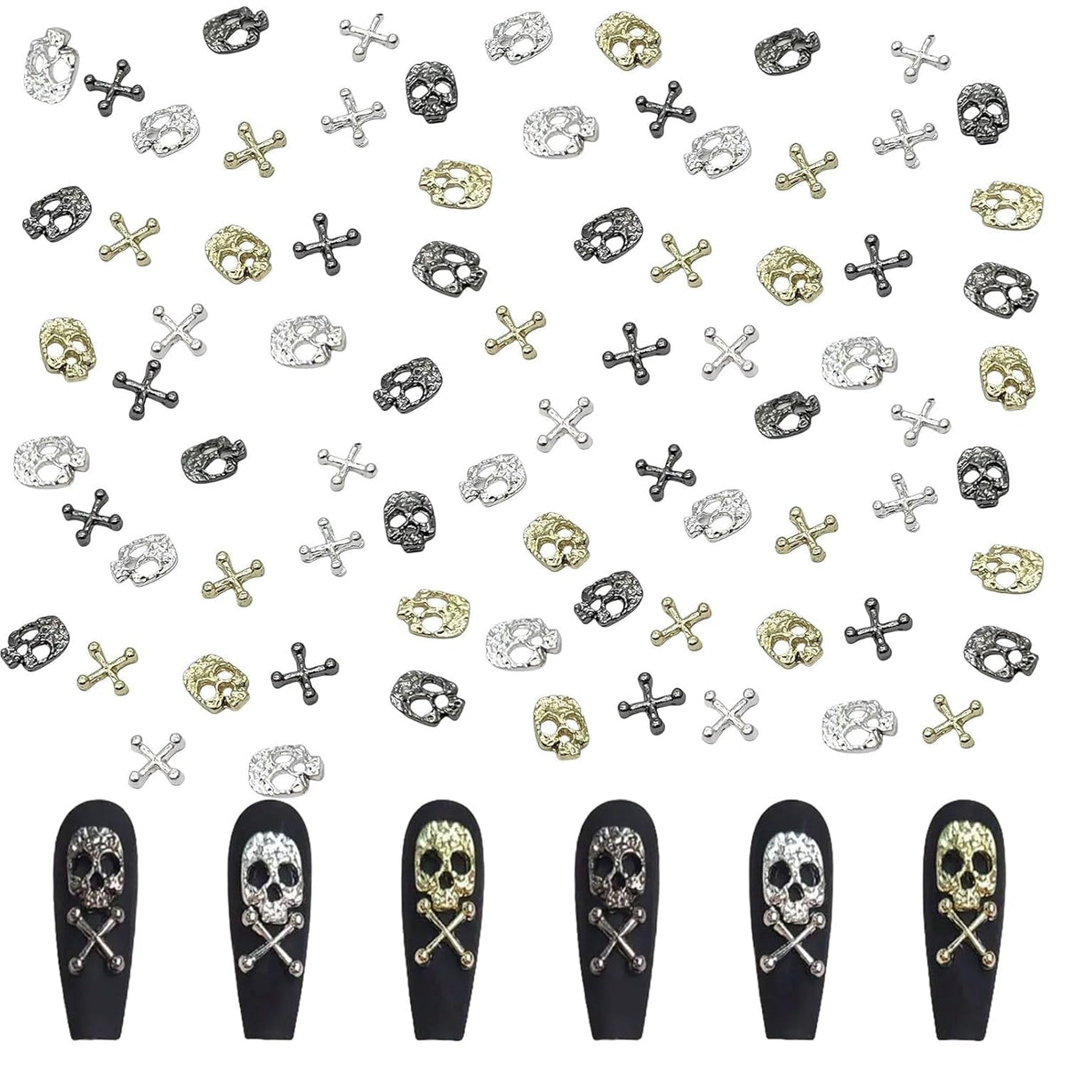 Set de decorațiuni pentru unghii cu craniu în formă de cruce, 120 de piese, brelocuri pentru unghii din metal auriu-argintiu, bijuterii din aliaj punk pentru manichiură, accesorii cu pietre strălucitoare