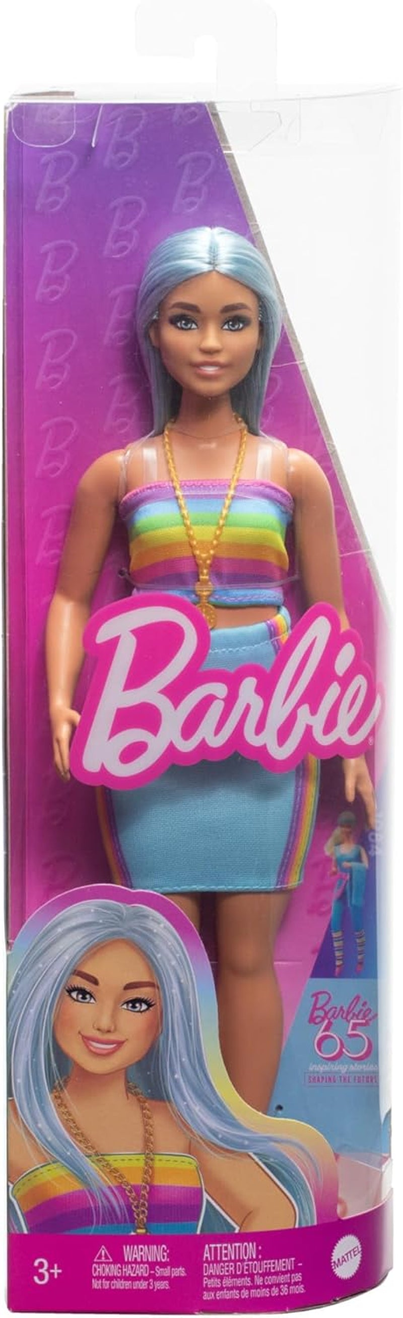 Păpușa Barbie Fashionistas nr. 218 cu păr lung albastru, top curcubeu și fustă turcoaz, păpușă de modă de colecționat cu ocazia celei de-a 65-a aniversări, HRH16 Papusi Naty Shop
