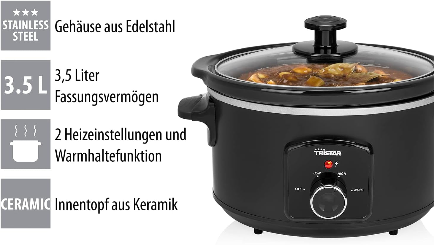 Tristar VS-3915 slow cooker, vas ceramic din oțel inoxidabil cu 2 setări de căldură și funcție de menținere la cald, 3,5 L Slow Cooker Naty Shop