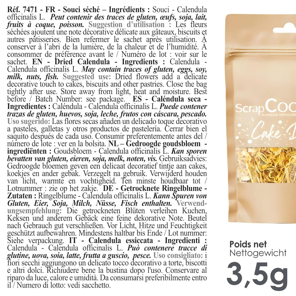 ScrapCooking - Gălbenele uscate 3,5 g - Flori comestibile - Decorațiuni alimentare pentru copt - Pentru deserturi, prăjituri, tarte, brioșe - Crăciun, primăvară, ziua de naștere - Galben auriu - 7471
