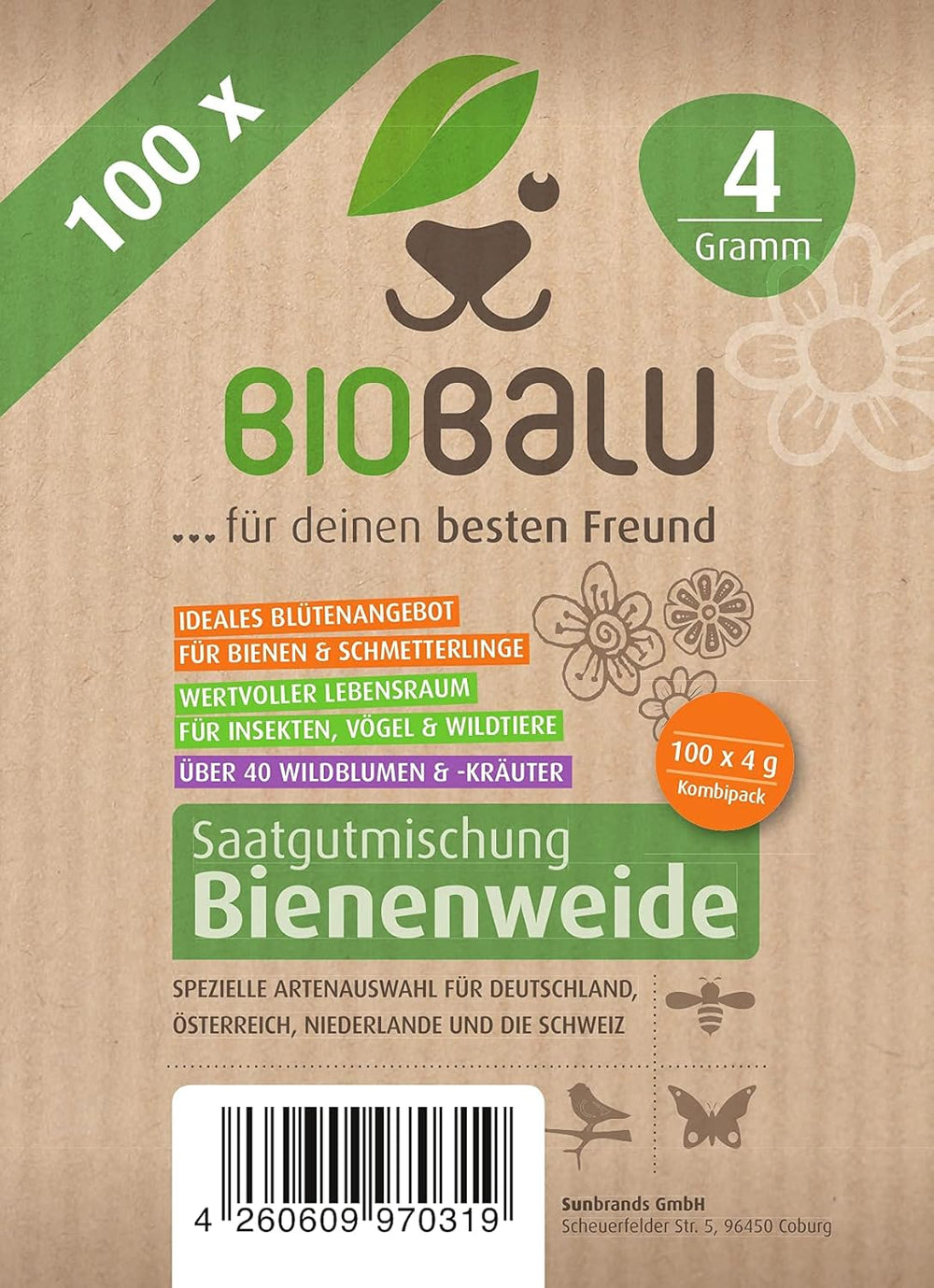 Bienenweide Samentütchen - Blumenwiesensamen Mehrjährig - Blumensamen Als Hochzeitsgeschenk, Gastgeschenk, Werbegeschenk, Werbeartikel Personalisiert (100 X 4G)