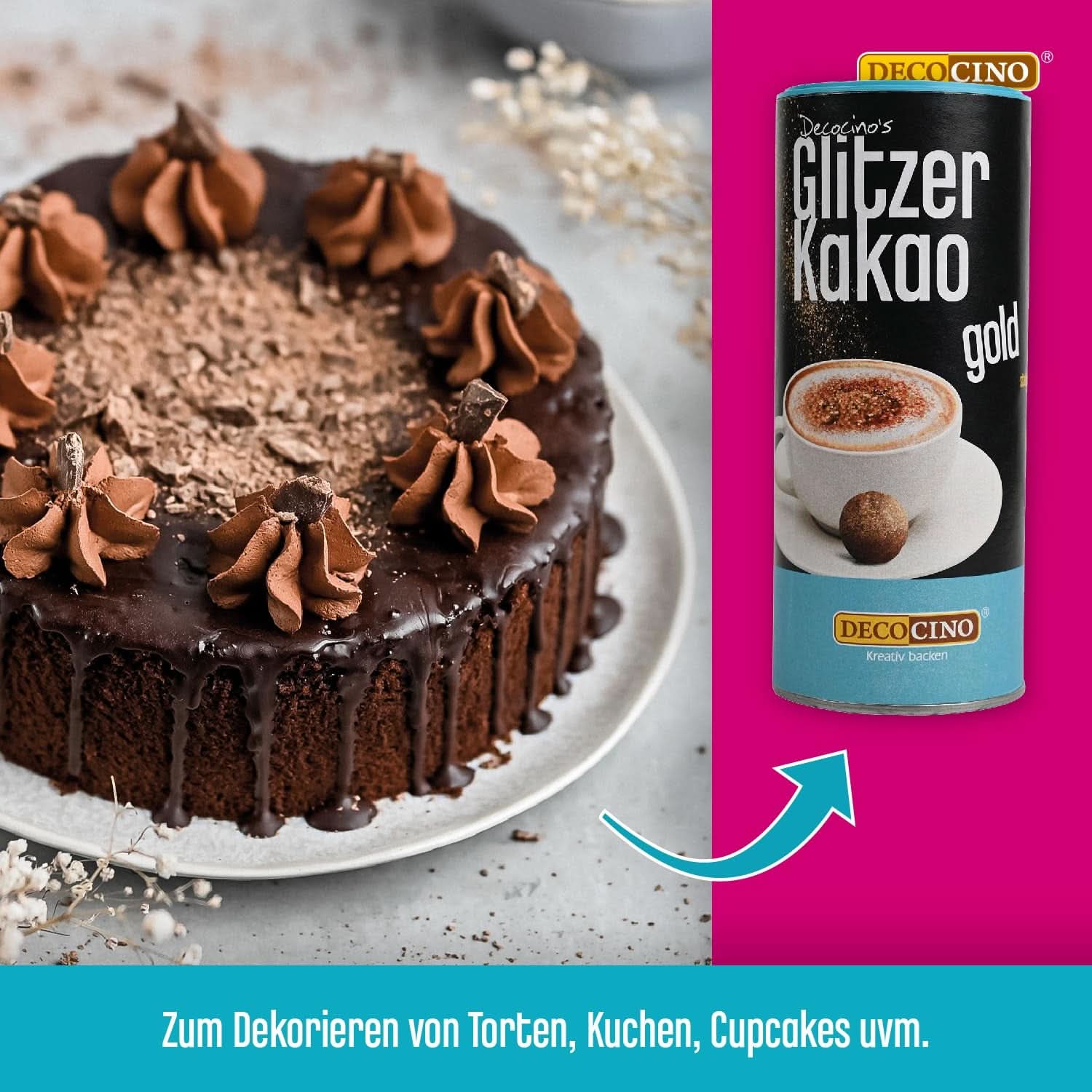 DECOCINO Glitter Cocoa Gold, Pudră de cacao de înaltă calitate cu glitter, 100 grame Naty Shop