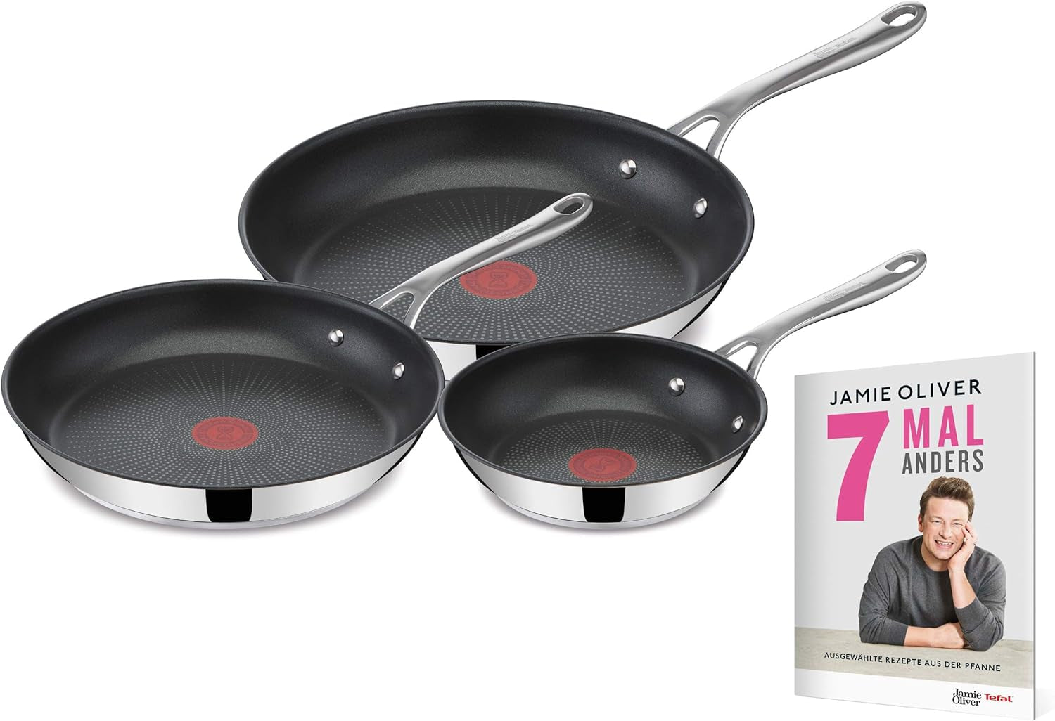 Tefal Jamie Oliver Cook'S Direct, antihaftbeschichtet, induktionsgeeignet, ofenfeste Töpfe und Pfannen Naty Shop Mit Rezeptheft „7 Senses“ 20, 24, 28 cm
