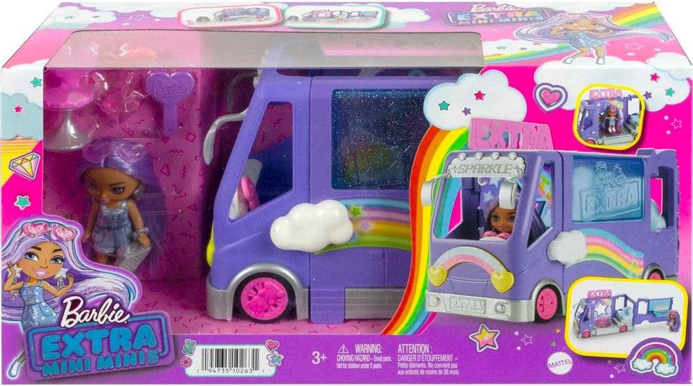 Barbie Extra Mini Minis, Extra Mini Minis Puppe mit Extra Sparkle Tour Bus Van, inkl Zubehör für Schminkstation und Show, Geschenk für Kinder, Spielzeug ab 3 Jahre,HKF84
