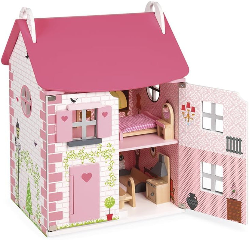 Janod - Mademoiselle Puppenhaus aus Holz, 3 Etagen und 11 Zubehörteile, Spielzeugnachbildung, fördert die Fantasie, ab 3 Jahren, J06581, Pink Naty Shop Classic Dollhouses