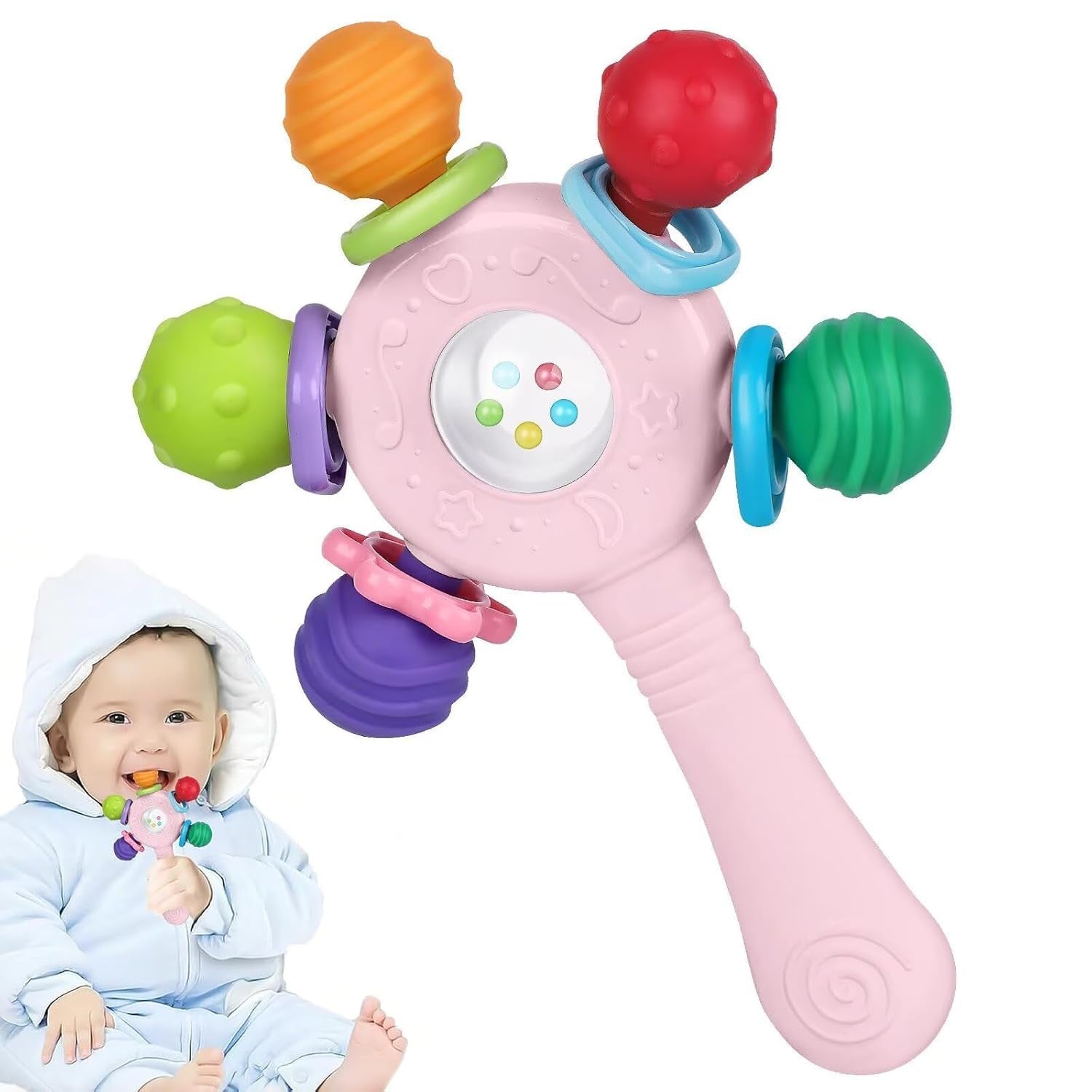 Inele de dentiție pentru bebeluși, de calitate alimentară - fără BPA, design rezistent la sufocare, prindere întărită, potrivite pentru dezvoltarea auzului și a dinților, ideale pentru bebelușii cu vârsta cuprinsă între 0 și 36 de luni (Alb)