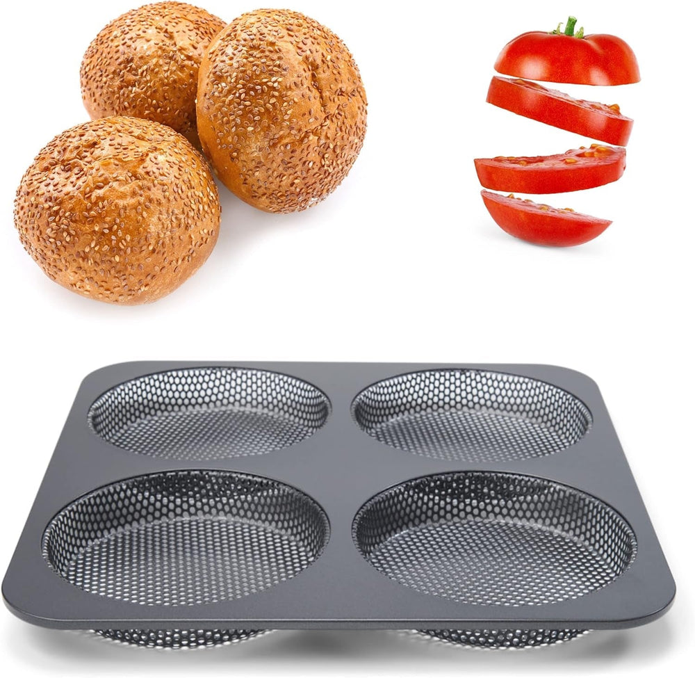 Hamburgerbrötchen, Perforiert, Antihaftbeschichte, 4 Runde Mulden Mit Je 12 Cm, Pfannengröße 28 X 28 Cm, 2,5 Cm Tief, Mittelgroß, Schwarz Formen und Tabletts zum Backen Naty Shop
