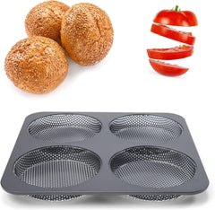 Hamburgerbrötchen, Perforiert, Antihaftbeschichte, 4 Runde Mulden Mit Je 12 Cm, Pfannengröße 28 X 28 Cm, 2,5 Cm Tief, Mittelgroß, Schwarz Formen und Tabletts zum Backen Naty Shop