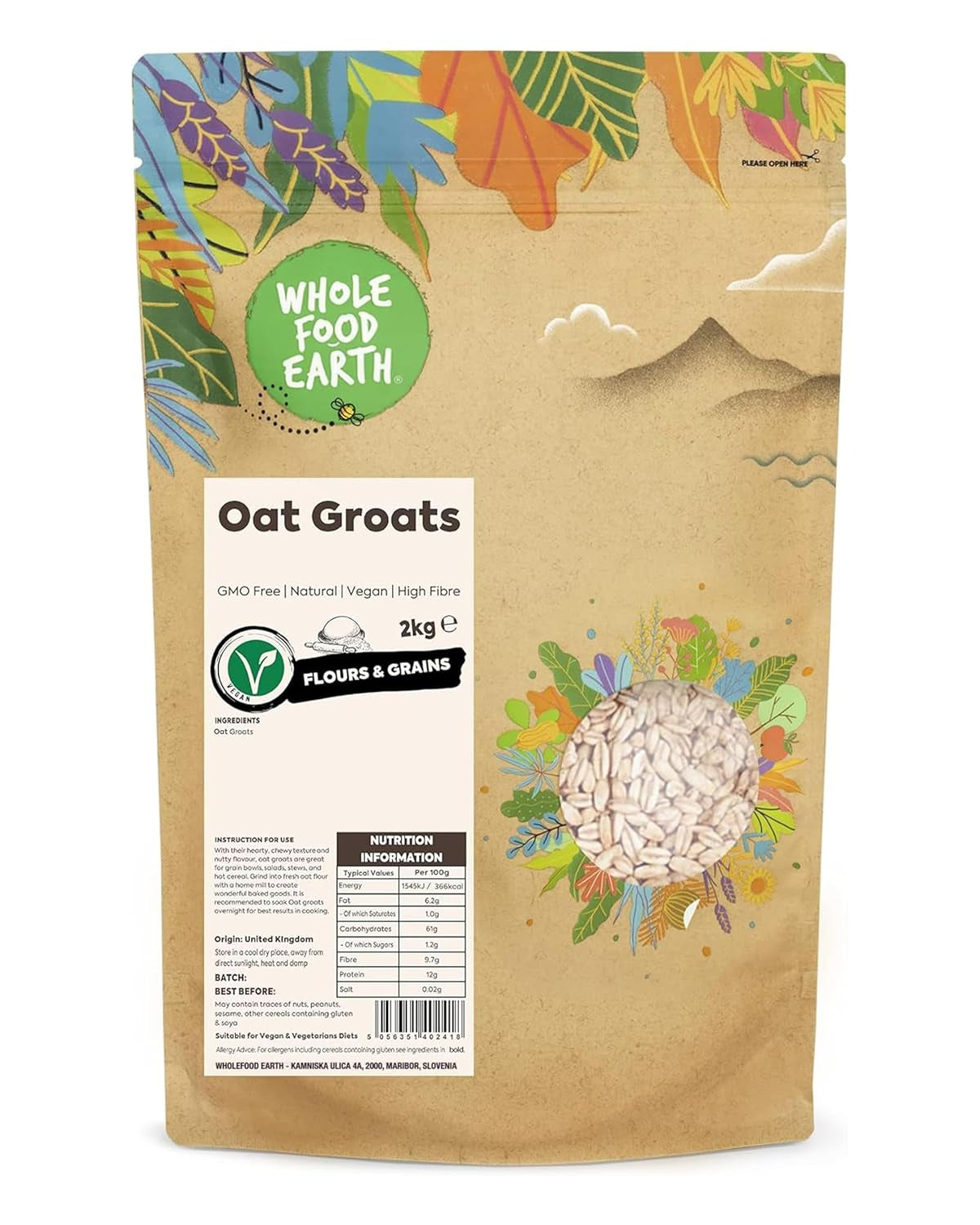Hafergrütze Wholefood Earth 2 kg | GVO-frei | Natürlich | Reich an Ballaststoffen