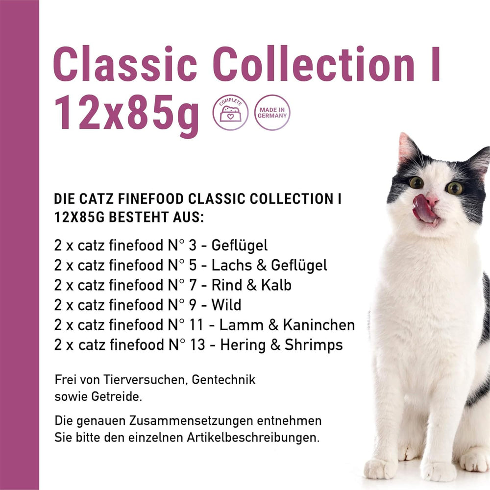 Catz Finefood Classic Collection Mixed Pack Hrană umedă pentru pisici - hrană umedă gourmet pentru pisica ta, fără cereale și fără zahăr, cu un conținut ridicat de carne, 24 de pliculețe x 85 g