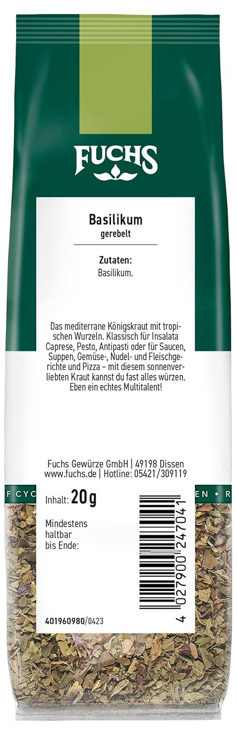 Fuchs Gewürze - Basilikum gerebelt im recyclebaren Nachfüllbeutel - 20 g