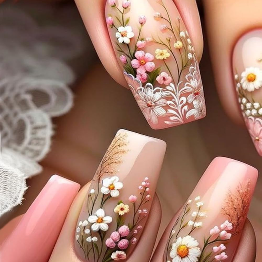 24 buc unghii lungi cu presă pe unghii sicriu unghii artificiale fluture floare unghii adezive alb maro set unghii acrilice sfaturi unghii femei primăvară vară accesorii unghii