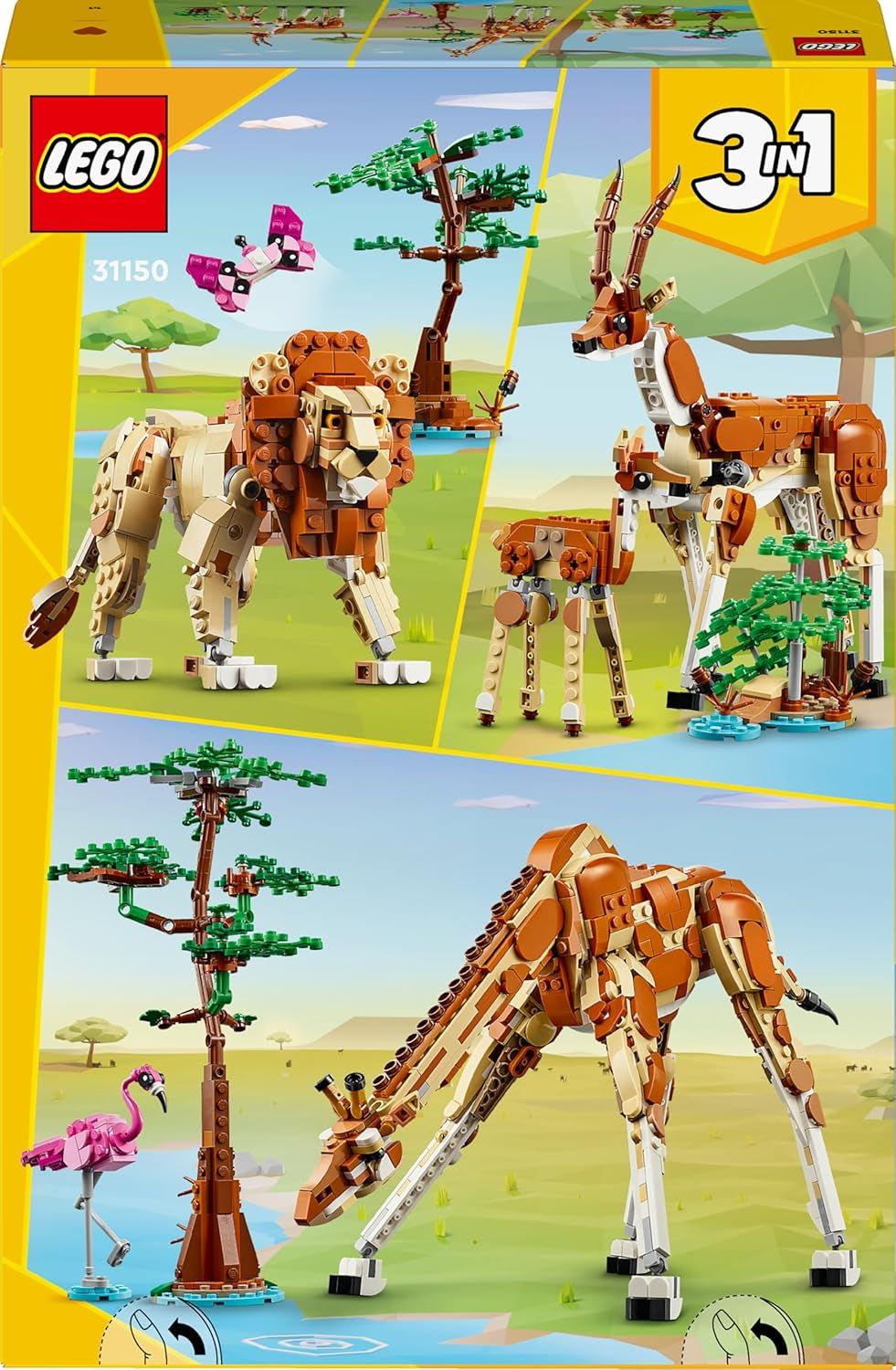 LEGO Creator 3in1 Wild Safari Animals, Giraffe Toy to Gazelle Figures to Lion Model, Set for Kids, Girls & Boys Aged 9 Plus, Includes Flamingo and Butterfly, Nature Gifts for Imaginative Play 31150
