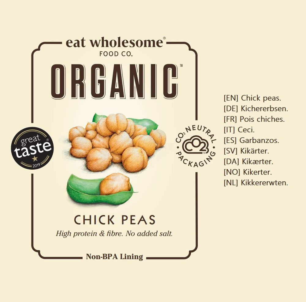 Năut organic Eat Wholesome, 400g (pachet de 12) - Gătit în apă, fără sare adăugată, 100% natural, sursă de proteine, vegan, căptușeală fără BPA și ambalaj neutru din punct de vedere al emisiilor de CO2