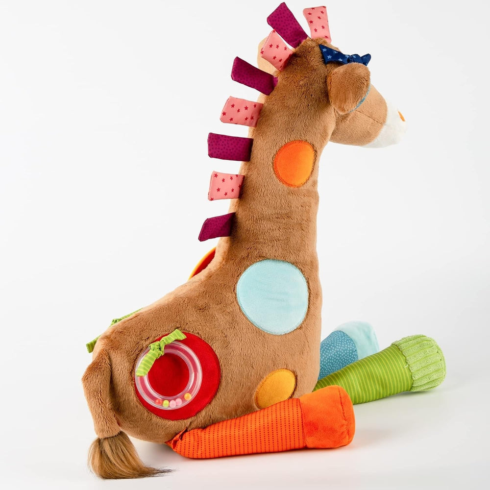 SIGIKID 42863 Jucărie pentru bebeluși girafă XXL, jucărie educativă PlayQ, jucărie de pluș cu inel de dentiție, zornăitor, oglindă, scârțâitor, pentru bebeluși și copii de la 3 luni, multicoloră/girafă 72 cm Jucarii Bebe Naty Shop